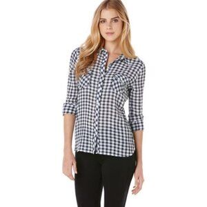 C&C California Navy Blue White Crinkle Gingham Two Pocket Shirt Women's Size XS